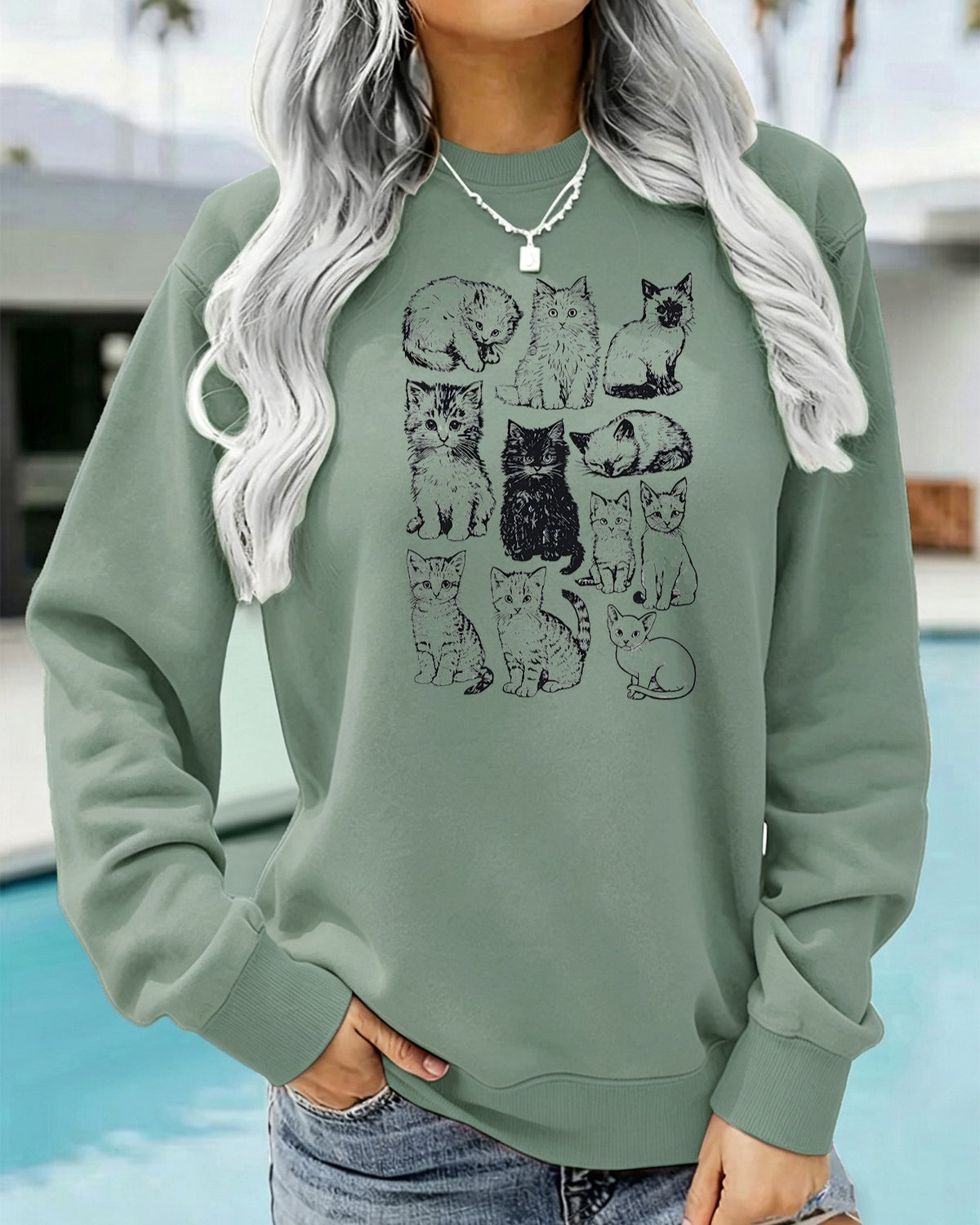 Sketched Cat Graphic Crewneck Sweatshirt - Olive
