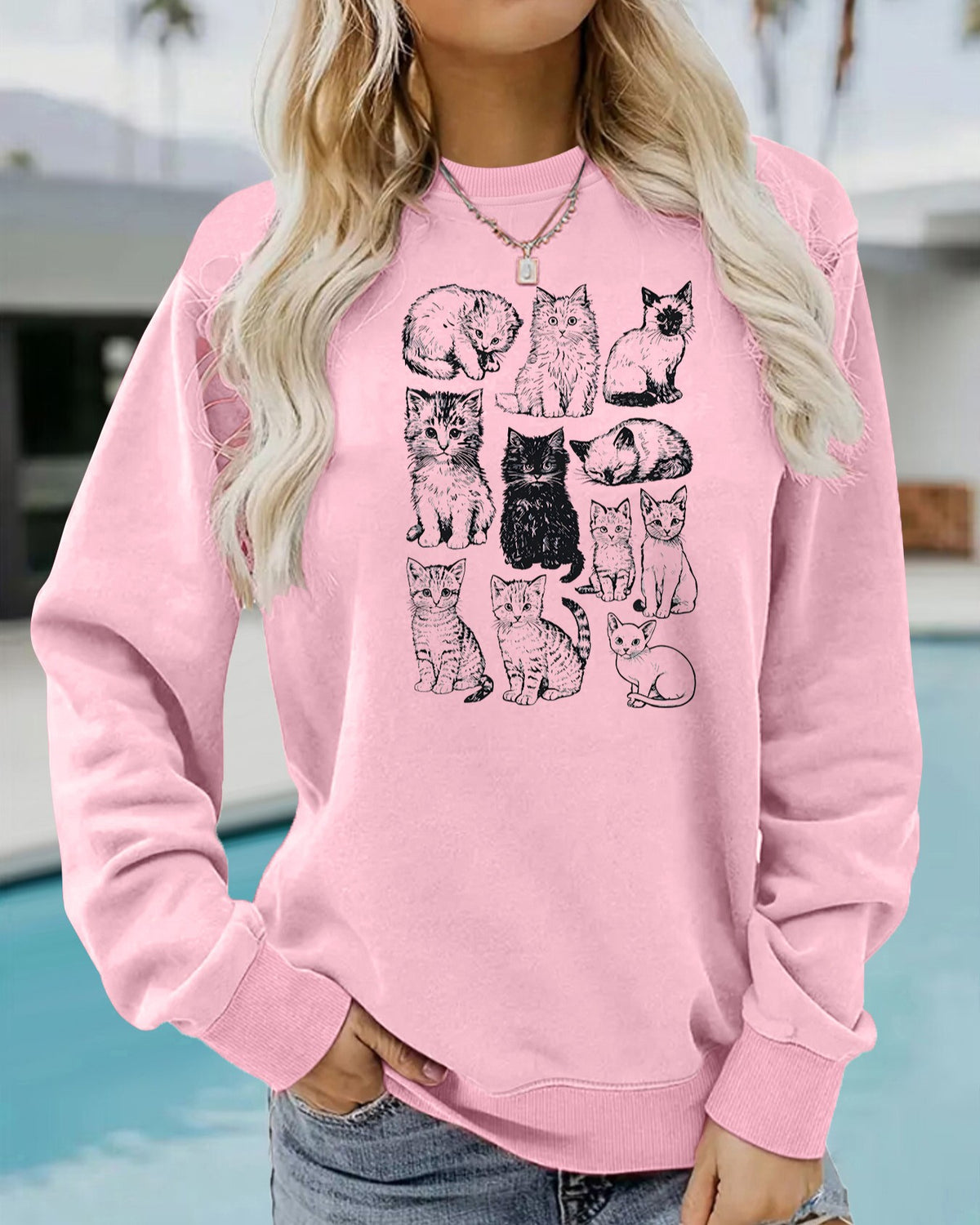 Sketched Cat Graphic Crewneck Sweatshirt - Pink