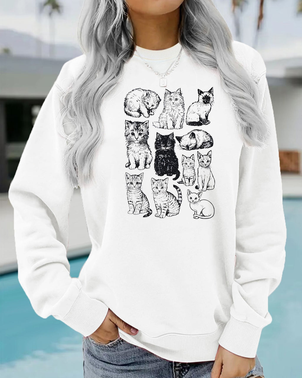 Sketched Cat Graphic Crewneck Sweatshirt - White