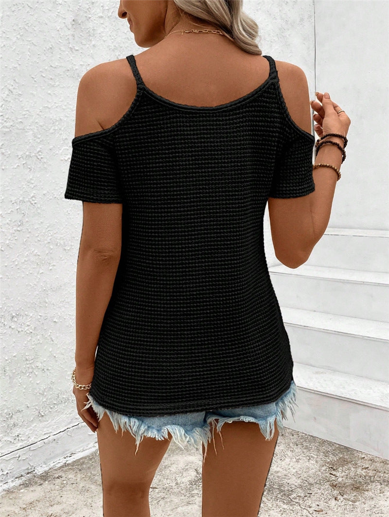 Crochet Yoke Cold Shoulder Waffle Tee - black - 1