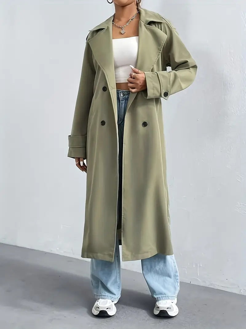 Double Breasted Belted Longline Trench Coat - Olive