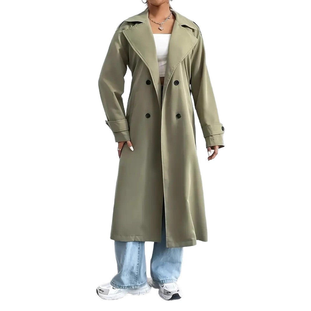 Double Breasted Belted Longline Trench Coat - Olive - 10