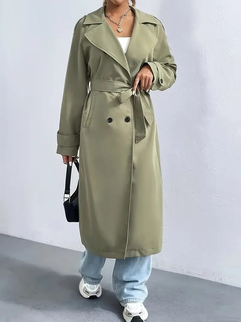 Double Breasted Belted Longline Trench Coat - Olive - 2