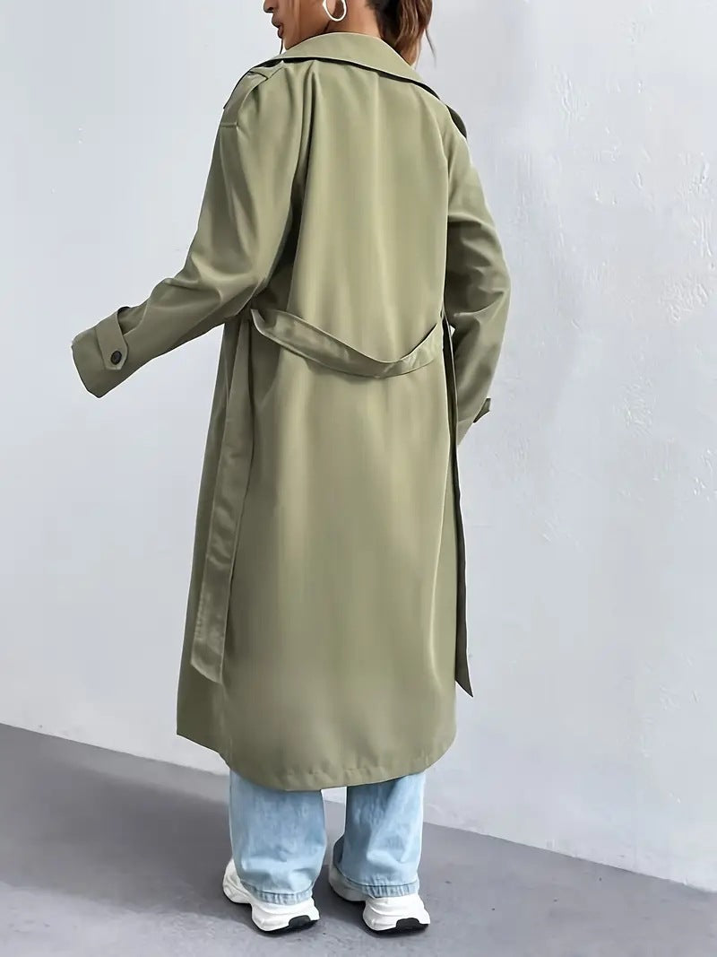 Double Breasted Belted Longline Trench Coat - Olive - 3