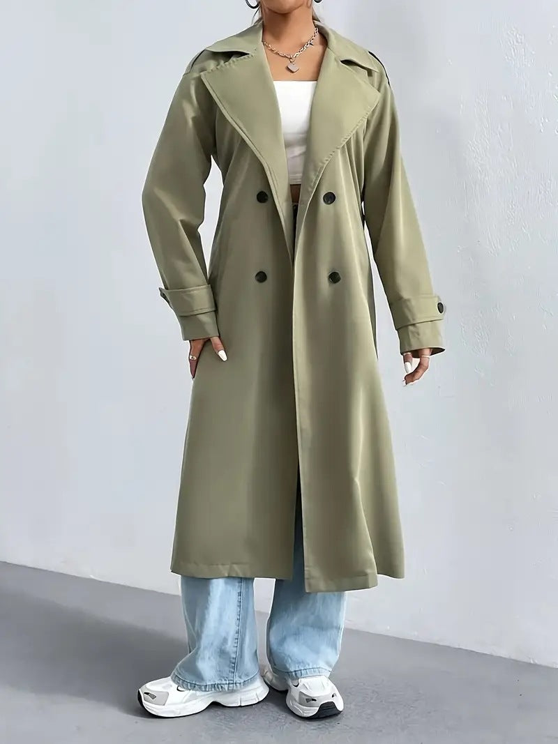 Double Breasted Belted Longline Trench Coat - Olive - 4