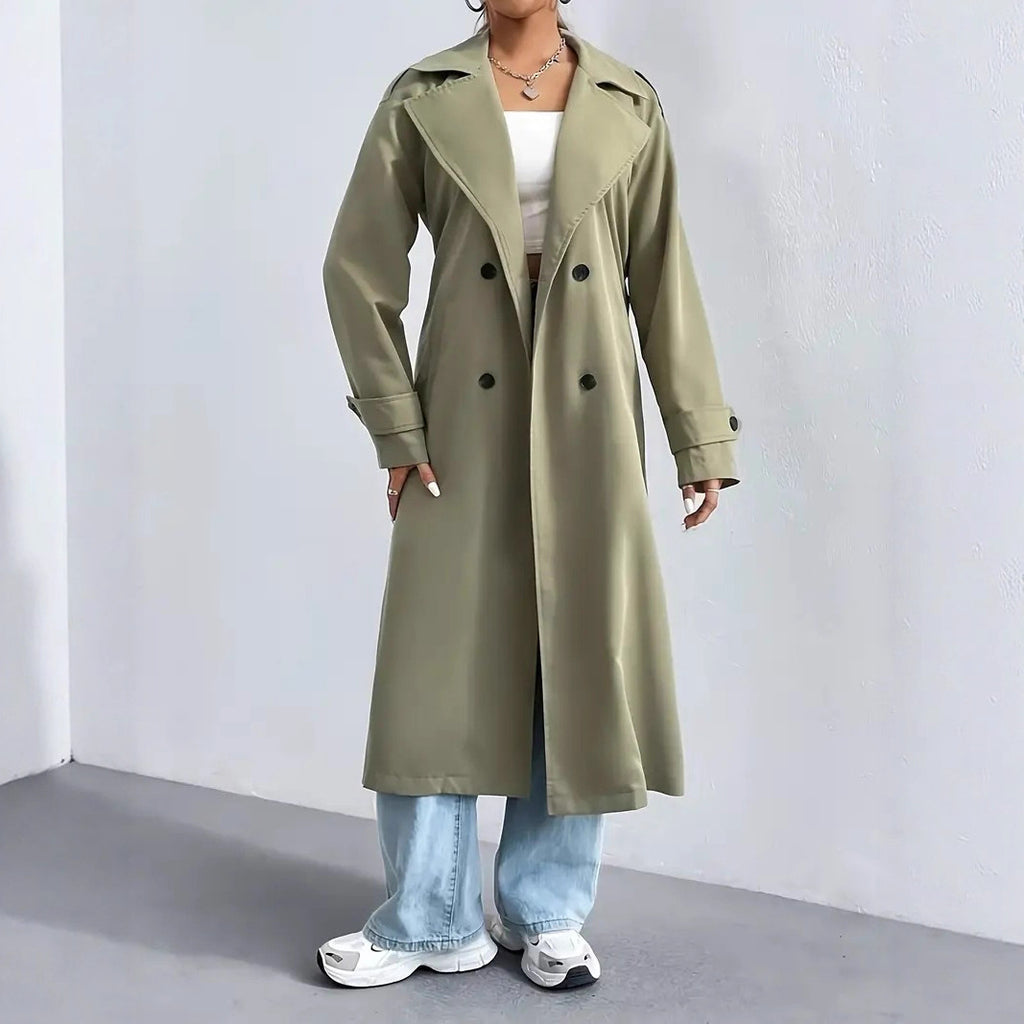 Double Breasted Belted Longline Trench Coat - Olive - 5