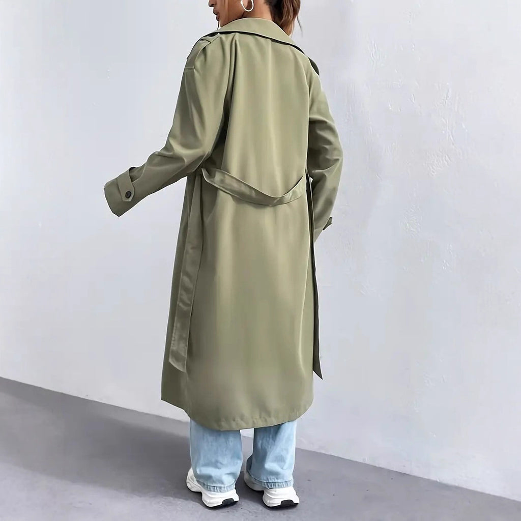 Double Breasted Belted Longline Trench Coat - Olive - 6