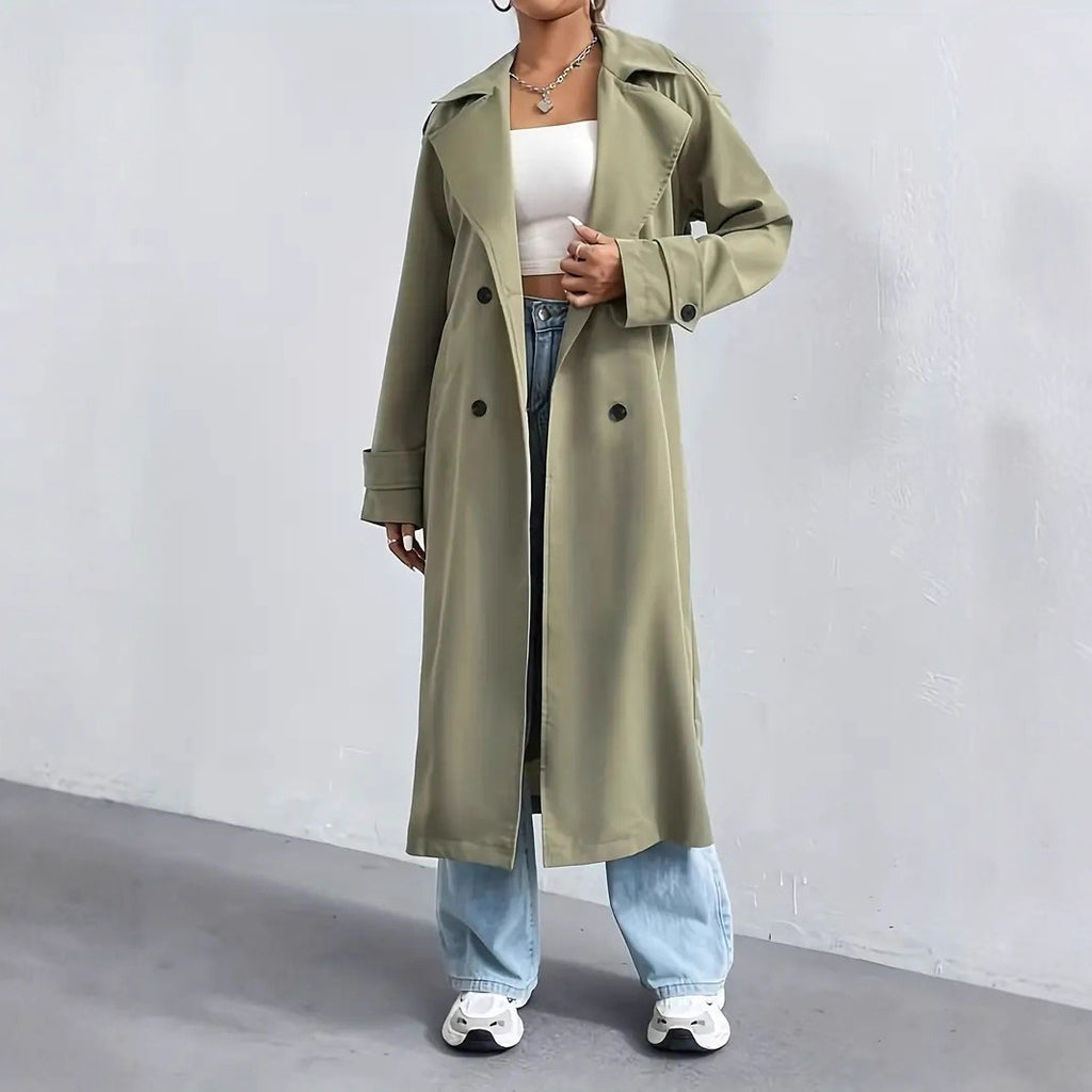 Double Breasted Belted Longline Trench Coat - Olive - 7