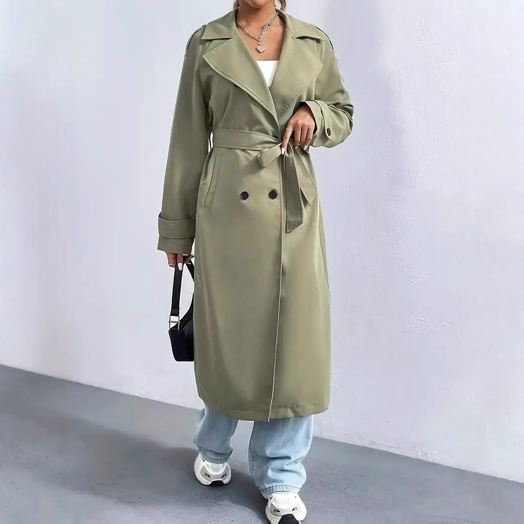 Double Breasted Belted Longline Trench Coat - Olive - 8