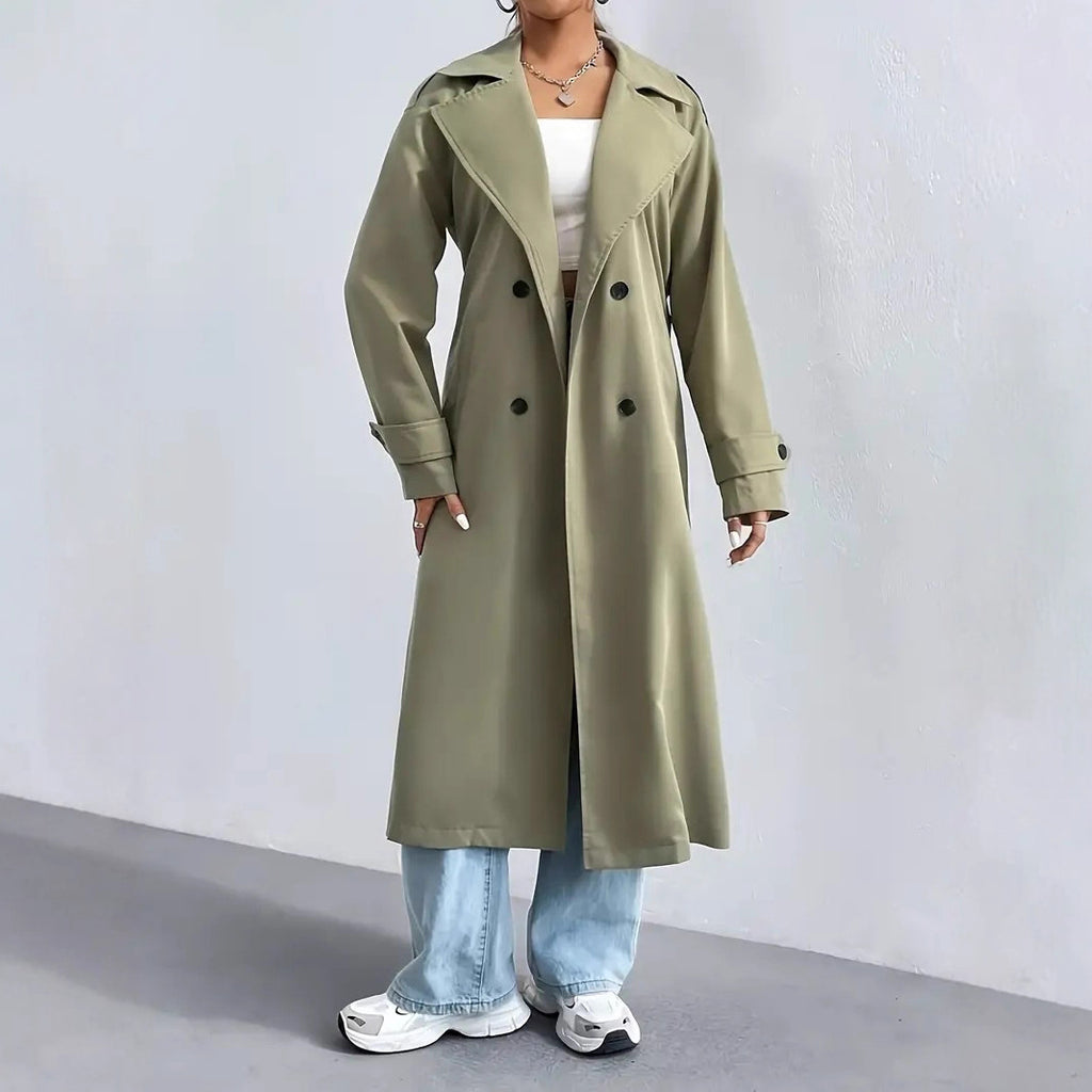 Double Breasted Belted Longline Trench Coat - Olive - 9