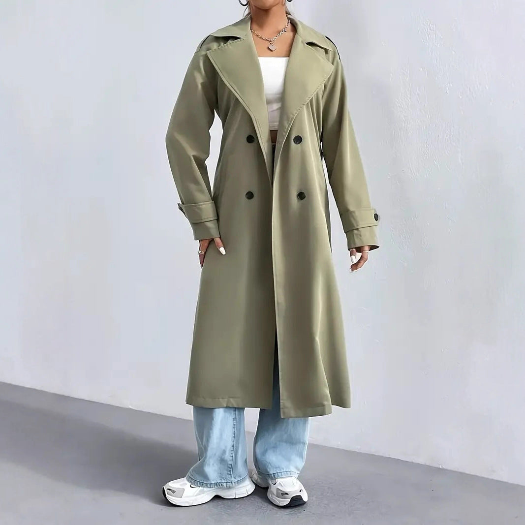 Double Breasted Belted Longline Trench Coat - Olive - 9