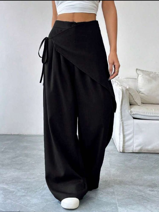 Tie Waist Draped Wide Leg Palazzo Pants - Black