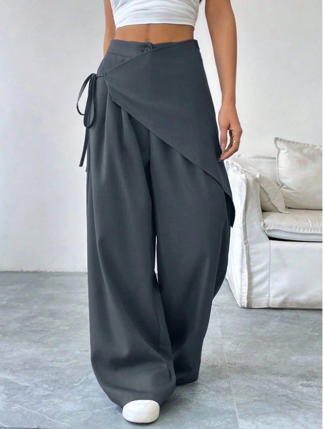 Tie Waist Draped Wide Leg Palazzo Pants - Gray