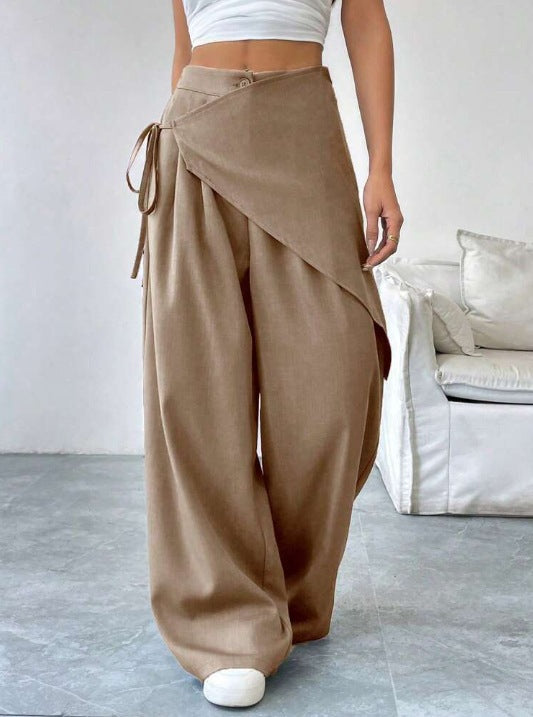 Tie Waist Draped Wide Leg Palazzo Pants - Khaki