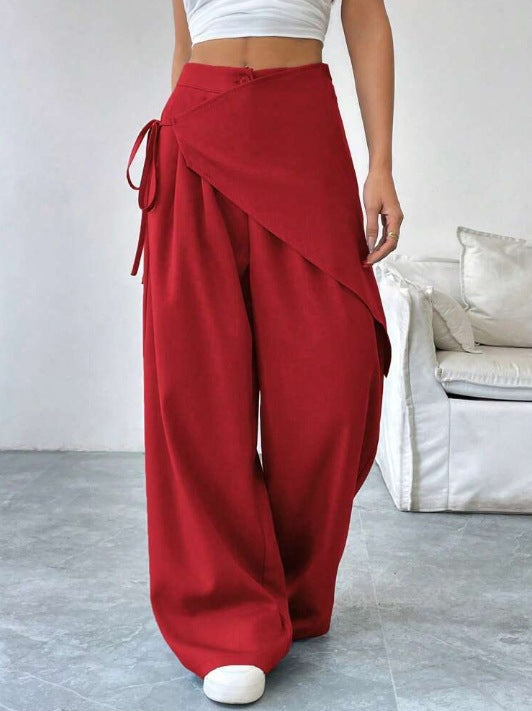 Tie Waist Draped Wide Leg Palazzo Pants - Red
