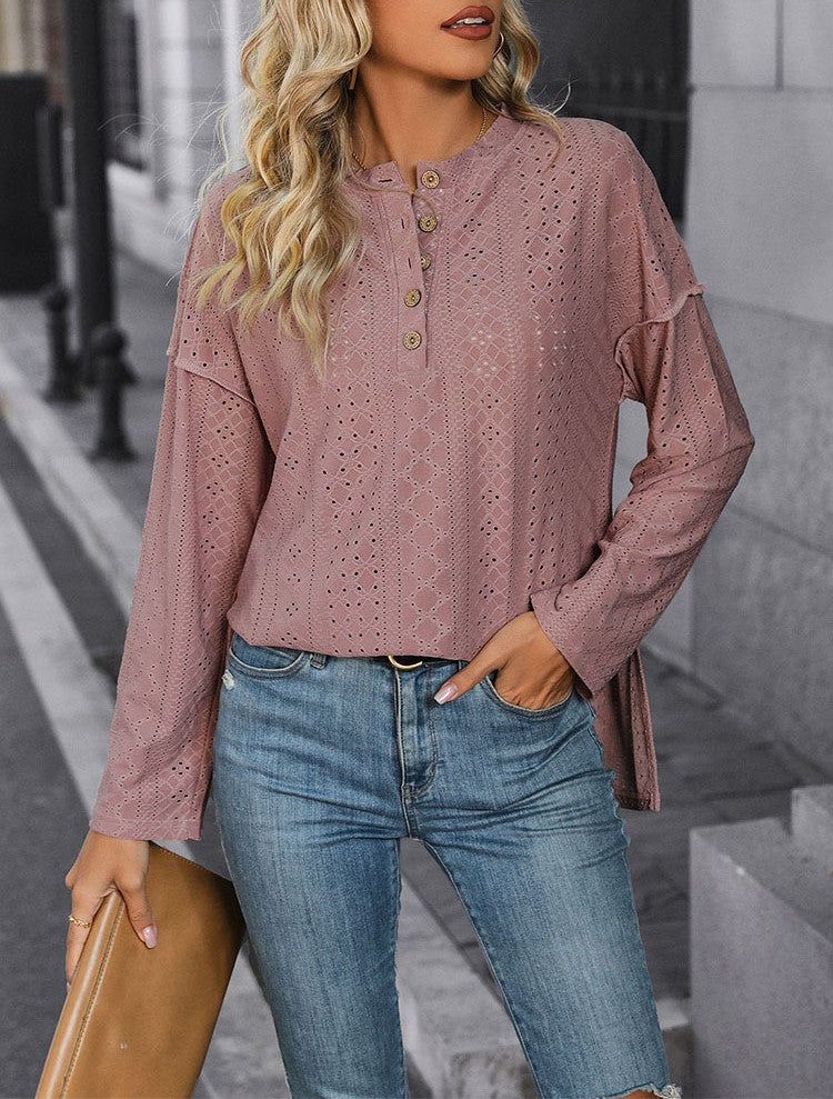 Eyelet Textured Henley Knit Top - Pink