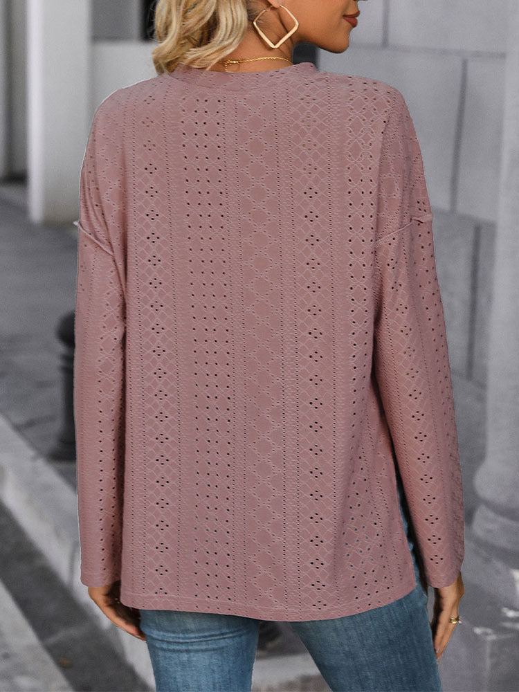 Eyelet Textured Henley Knit Top - Pink - 2