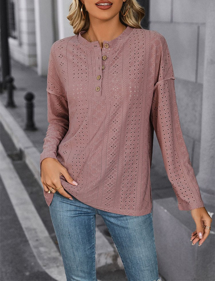 Eyelet Textured Henley Knit Top - Pink - 4