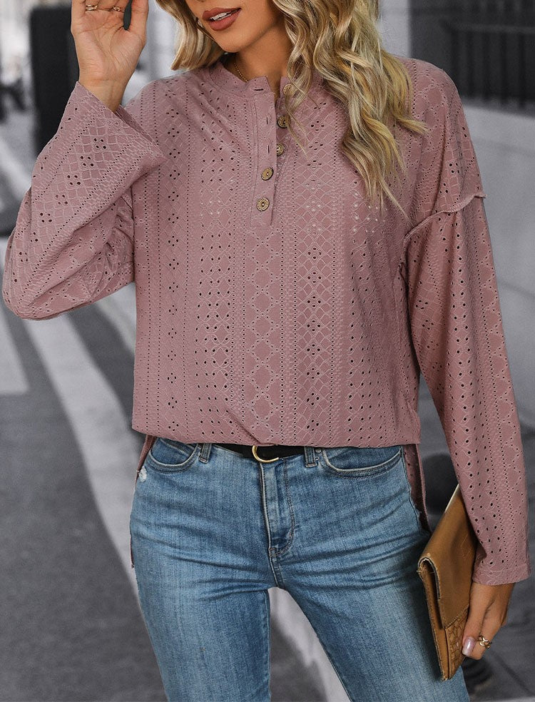Eyelet Textured Henley Knit Top - Pink - 5