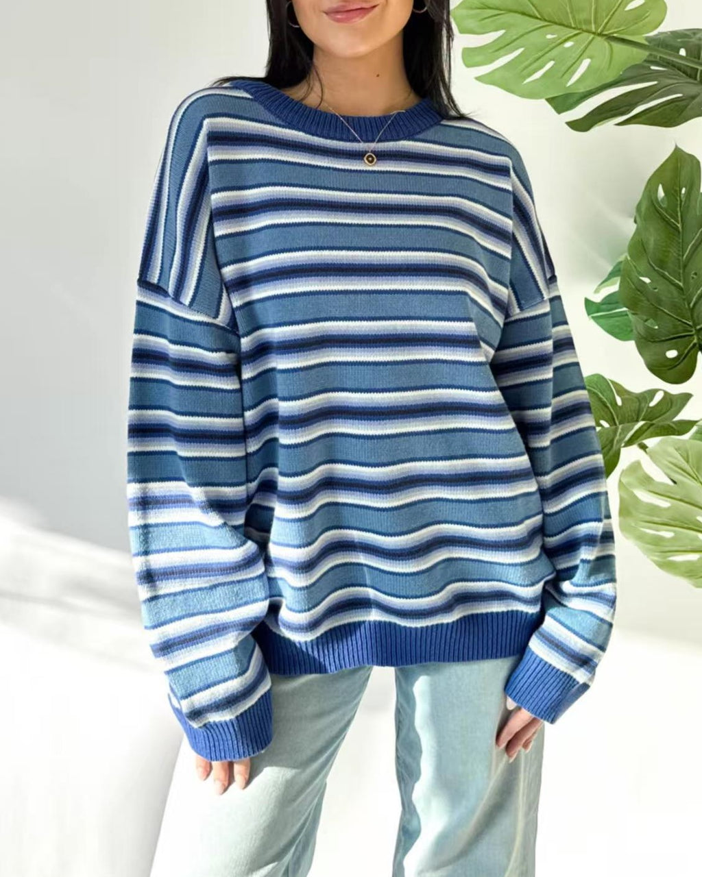 Y2K Oversized Striped Crewneck Knit Sweater - Blue