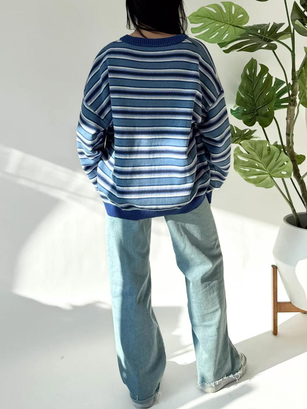 Y2K Oversized Striped Crewneck Knit Sweater - Blue - 1