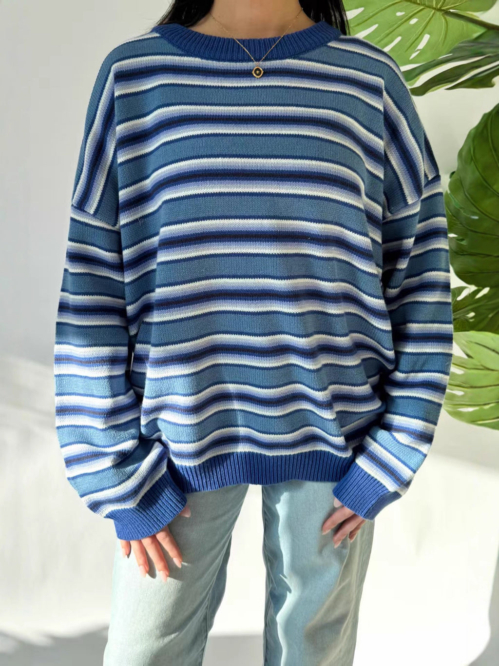Y2K Oversized Striped Crewneck Knit Sweater - Blue - 2