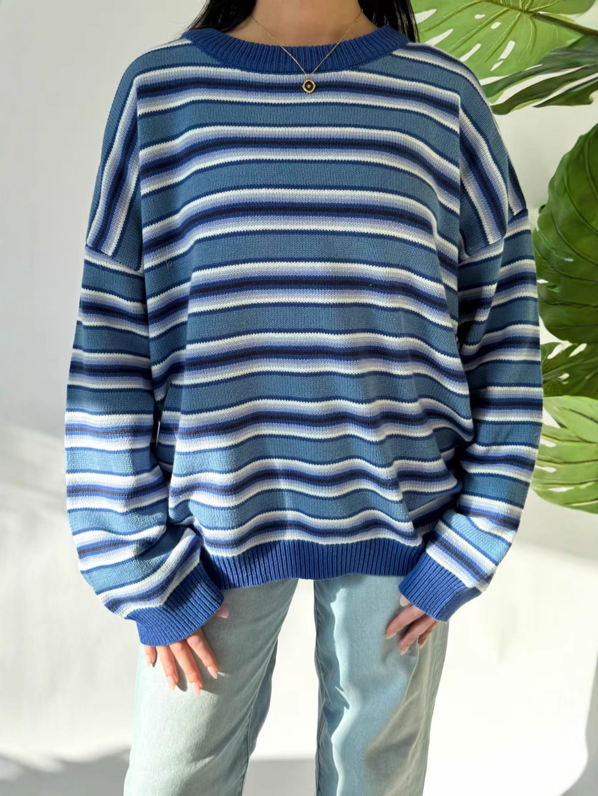 Y2K Oversized Striped Crewneck Knit Sweater - Blue - 2