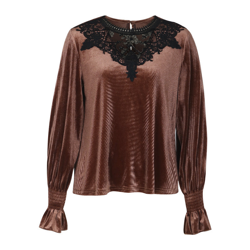 Velvet Lace Yoke Ruffle Cuff Blouse - Coffee