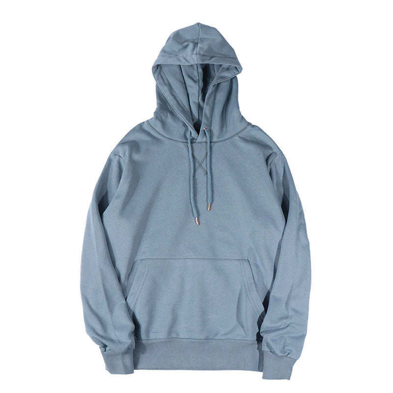 Cotton Blend Drawstring Pullover Hoodie - Blue