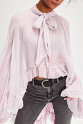 Tiered Ruffle Sheer Oversized Tie Blouse - Pink