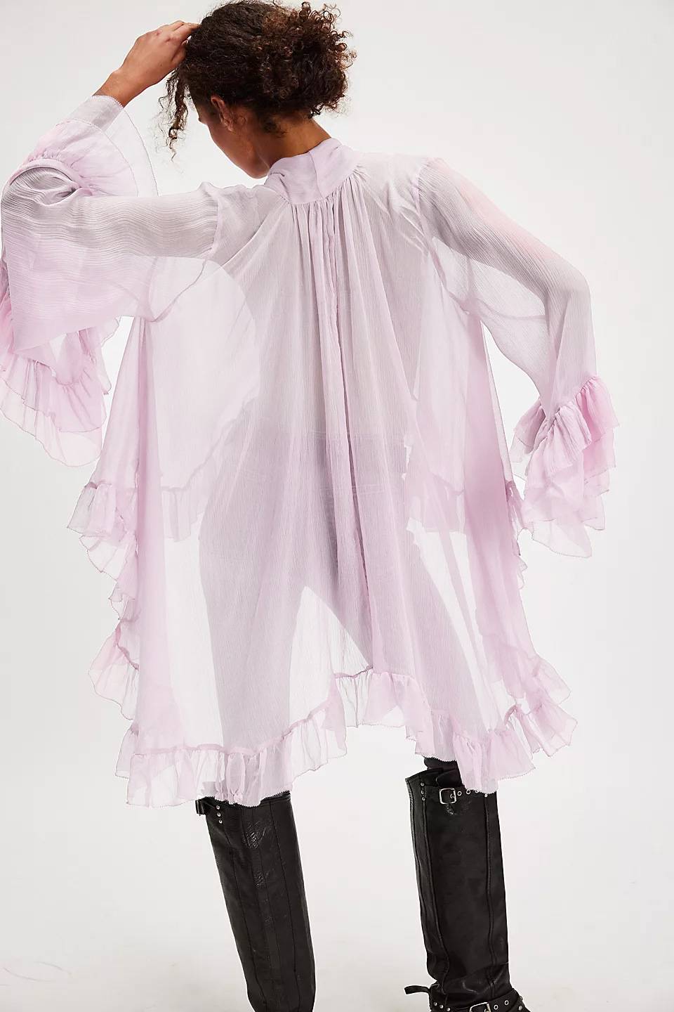 Tiered Ruffle Sheer Oversized Tie Blouse - Pink - 1