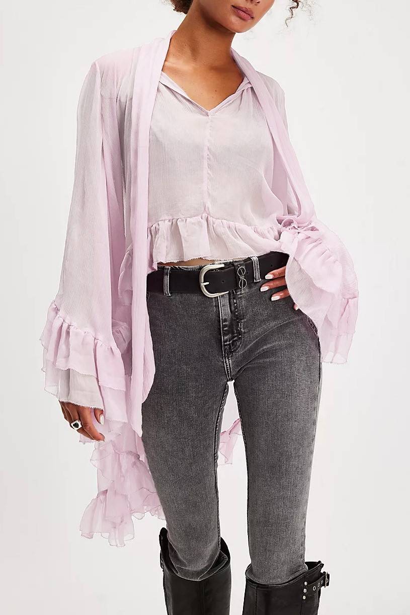 Tiered Ruffle Sheer Oversized Tie Blouse - Pink - 2