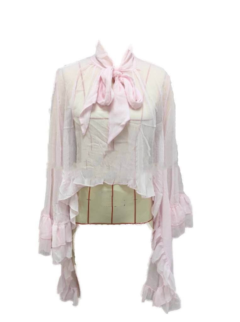 Tiered Ruffle Sheer Oversized Tie Blouse - Pink - 4