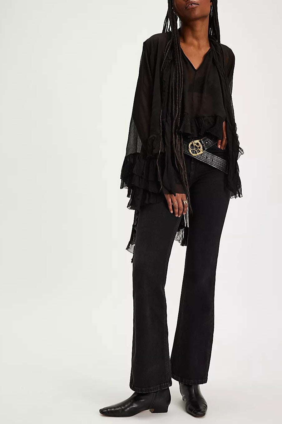 Tiered Ruffle Sheer Oversized Tie Blouse - black - 1
