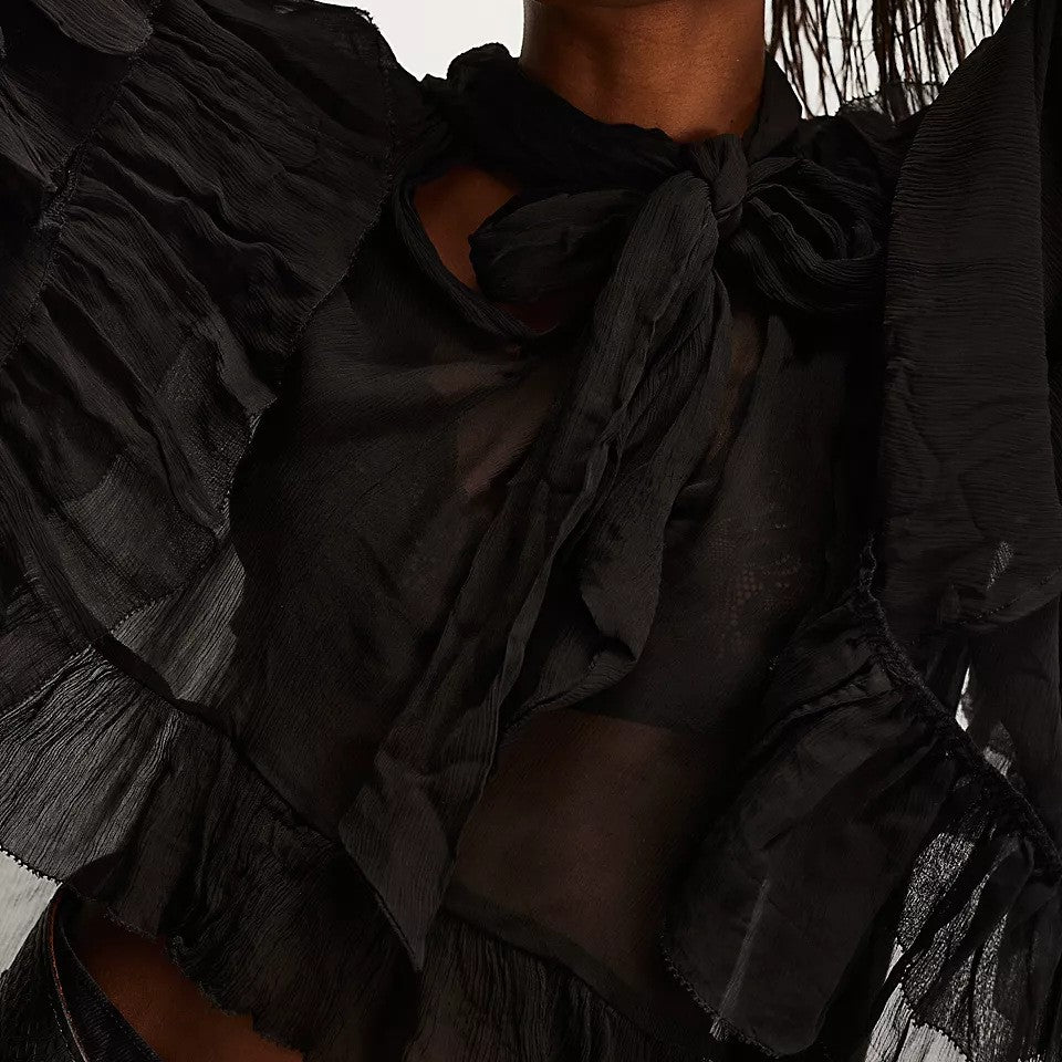 Tiered Ruffle Sheer Oversized Tie Blouse - black - 2