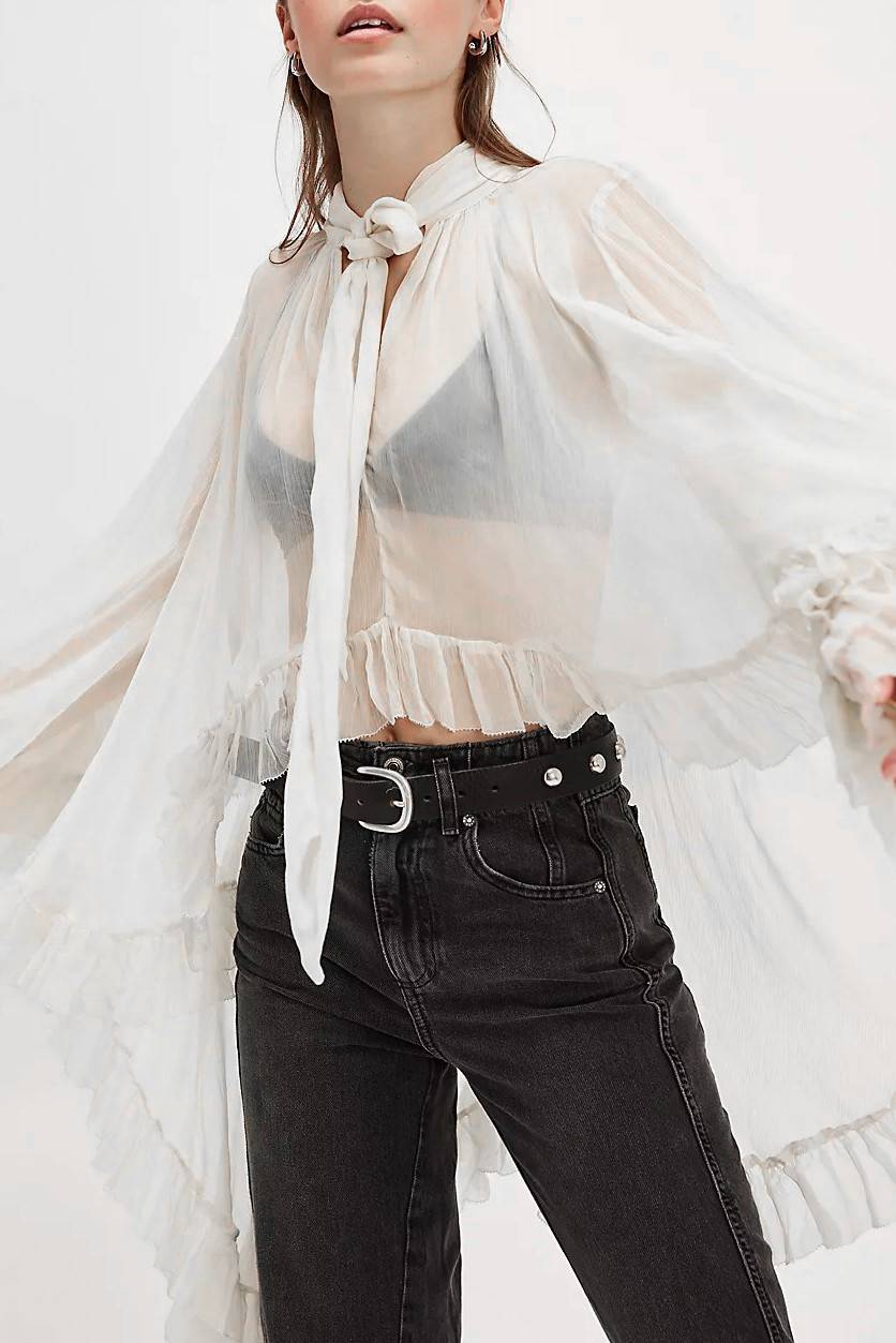Tiered Ruffle Sheer Oversized Tie Blouse - white