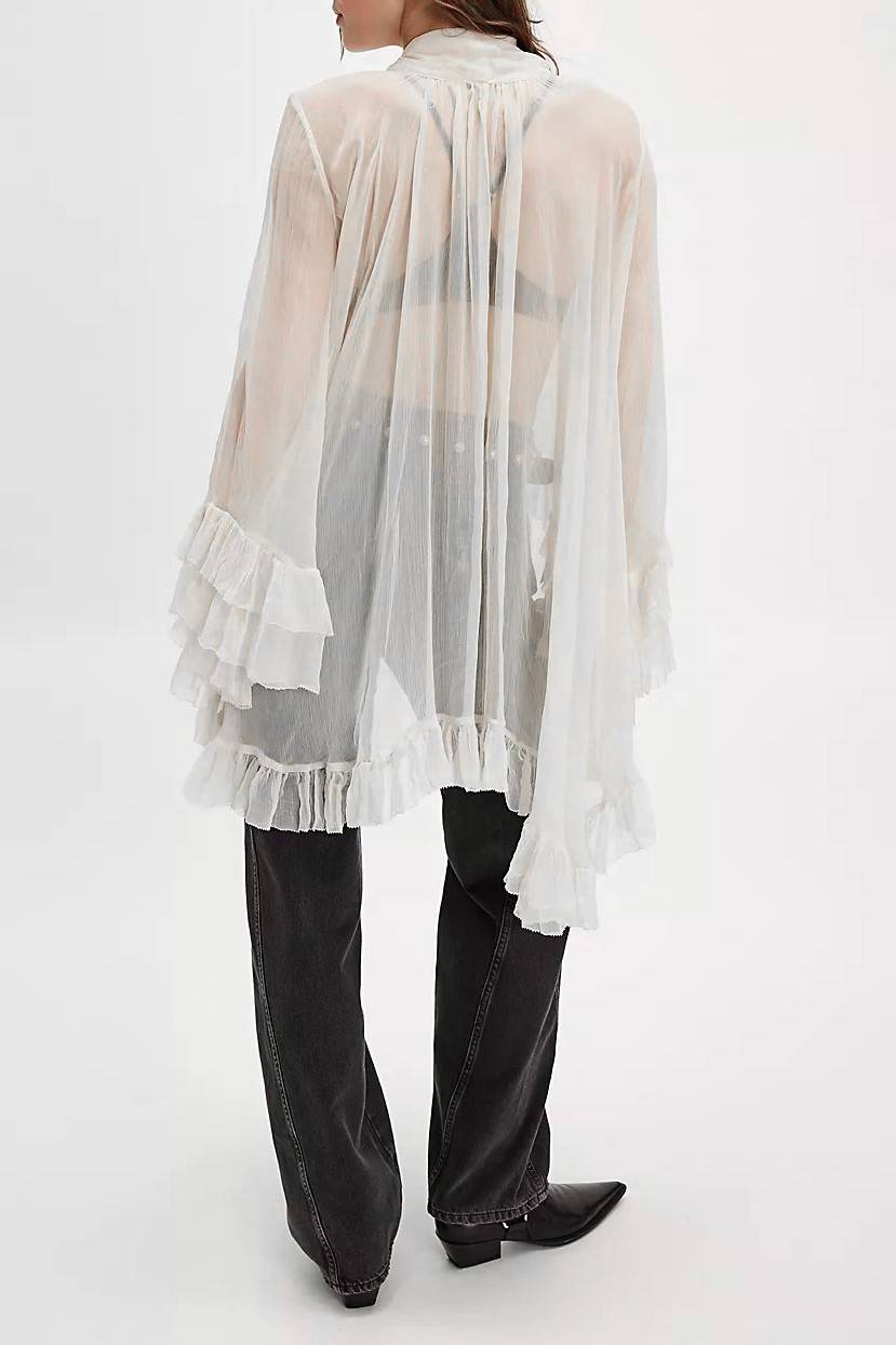 Tiered Ruffle Sheer Oversized Tie Blouse - white - 1
