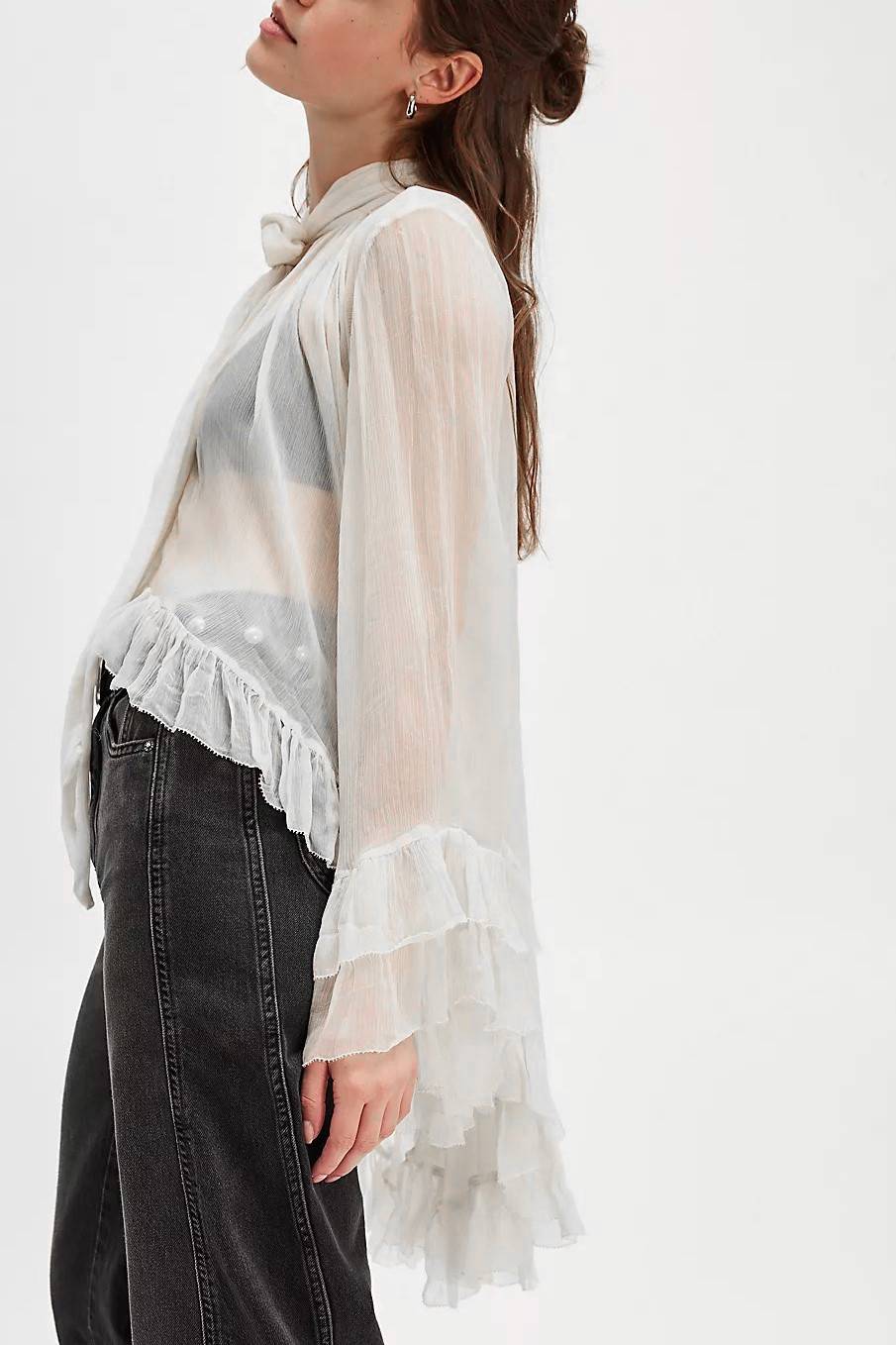 Tiered Ruffle Sheer Oversized Tie Blouse - white - 3