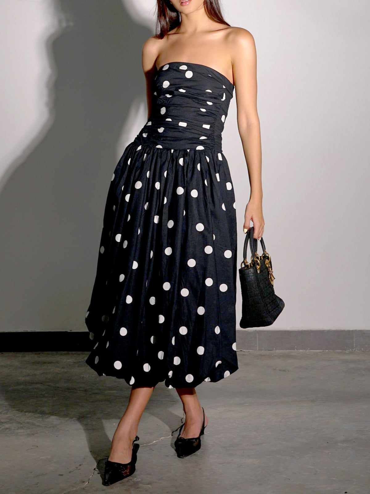 Dotted Strapless Fit And Flare Midi Dress - Black
