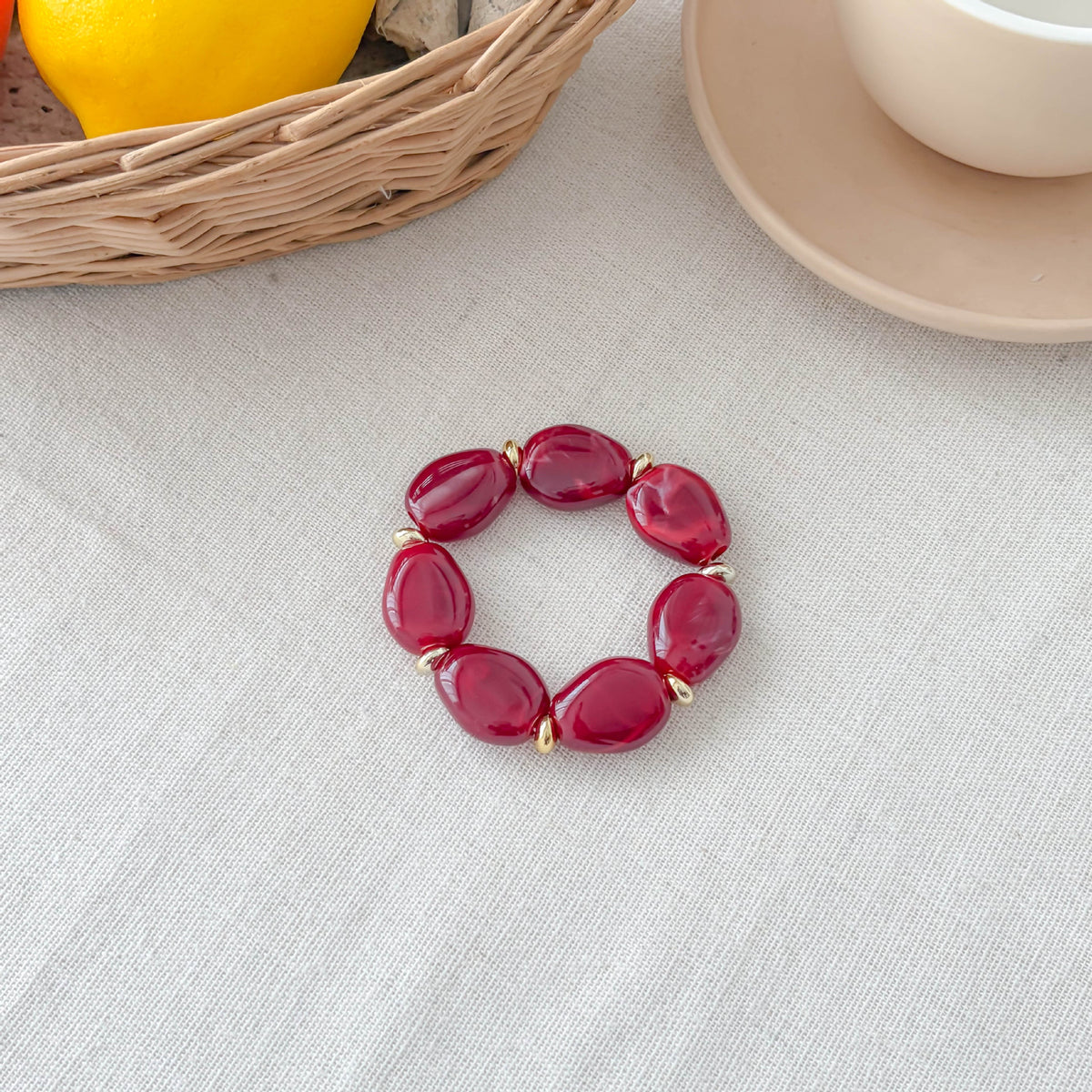 Chunky Marble Effect Resin Beaded Stretch Bracelet - Deep_Red