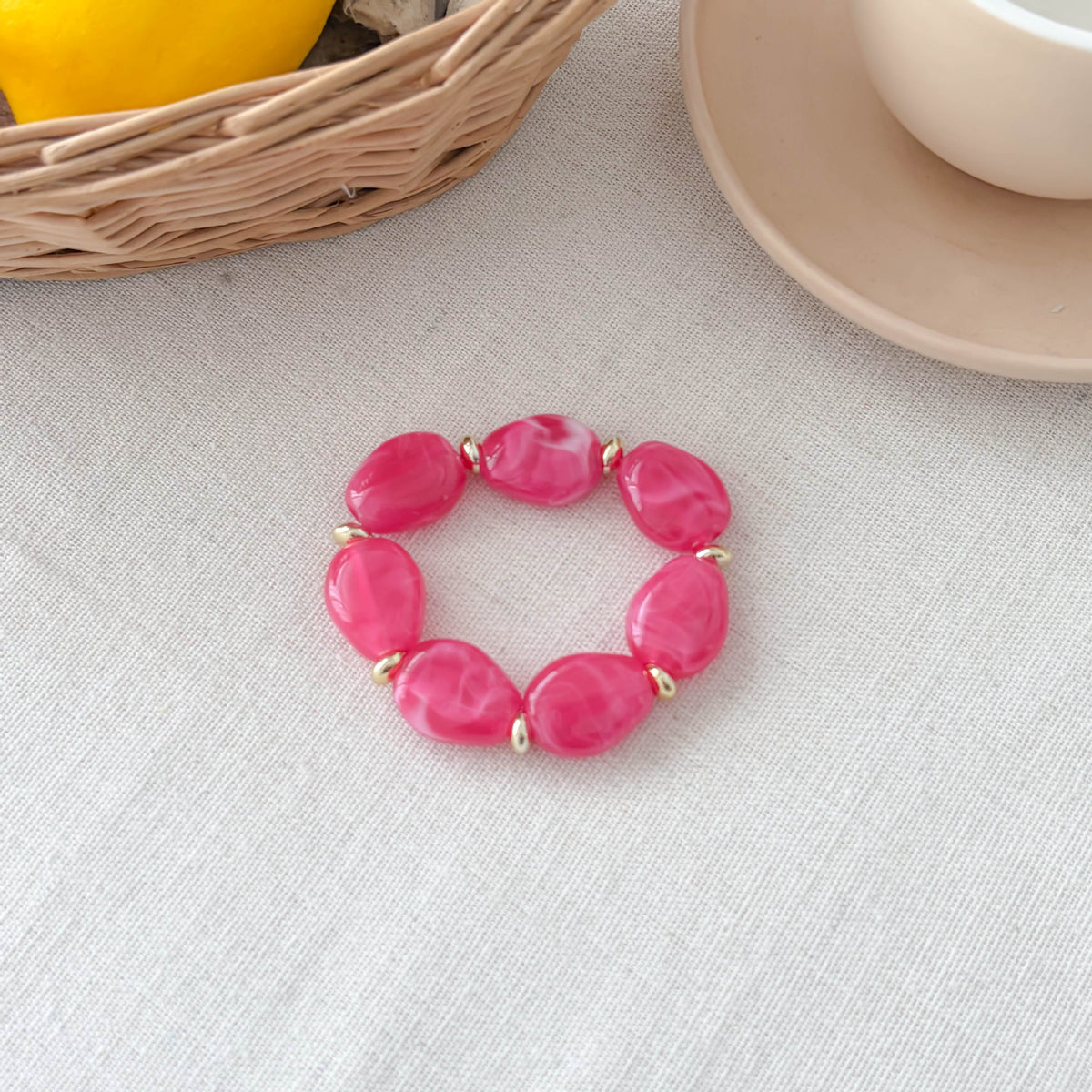 Chunky Marble Effect Resin Beaded Stretch Bracelet - Rose_Pink