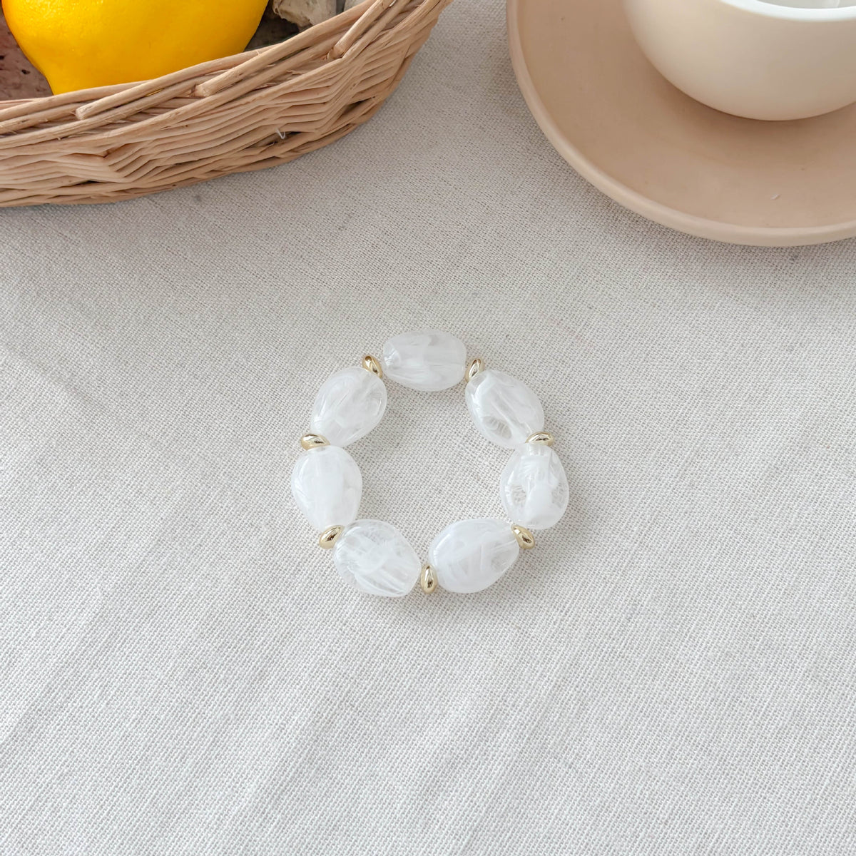 Chunky Marble Effect Resin Beaded Stretch Bracelet - White