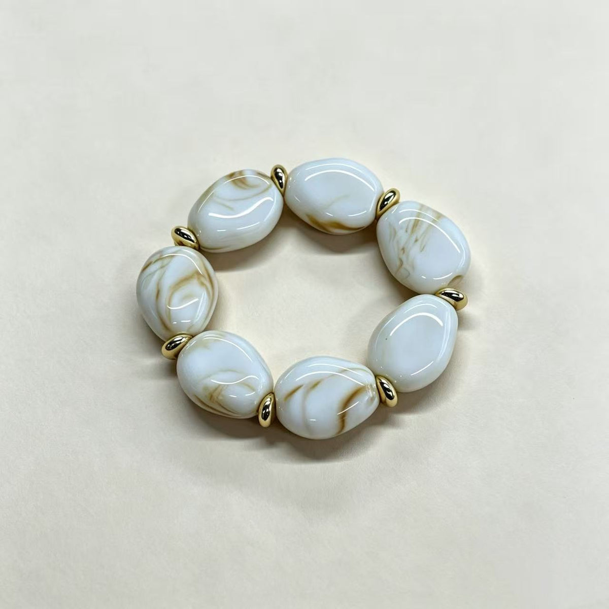 Chunky Marble Effect Resin Beaded Stretch Bracelet - White_1