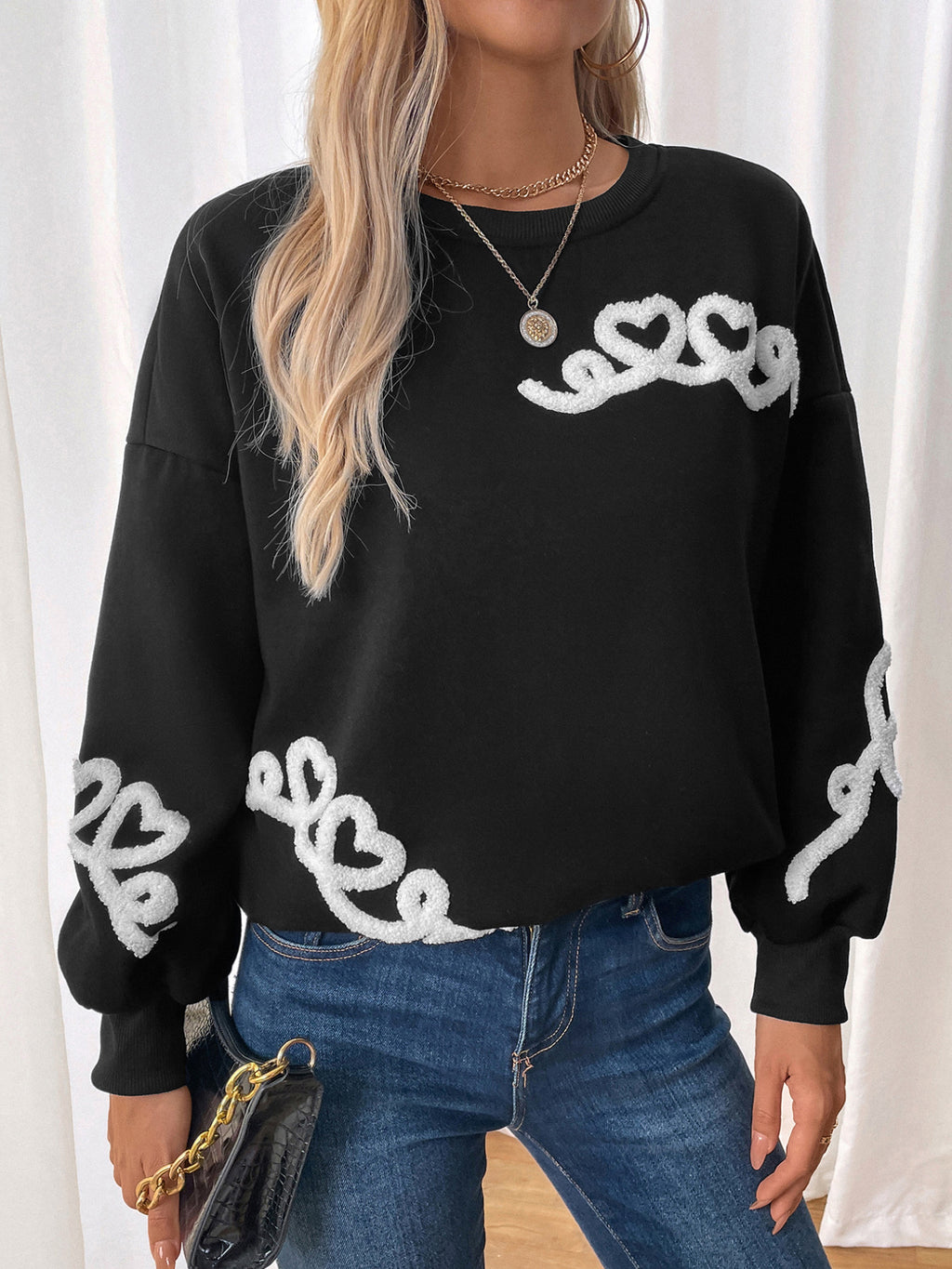 Heart Jacquard Drop Shoulder Sweatshirt - Black