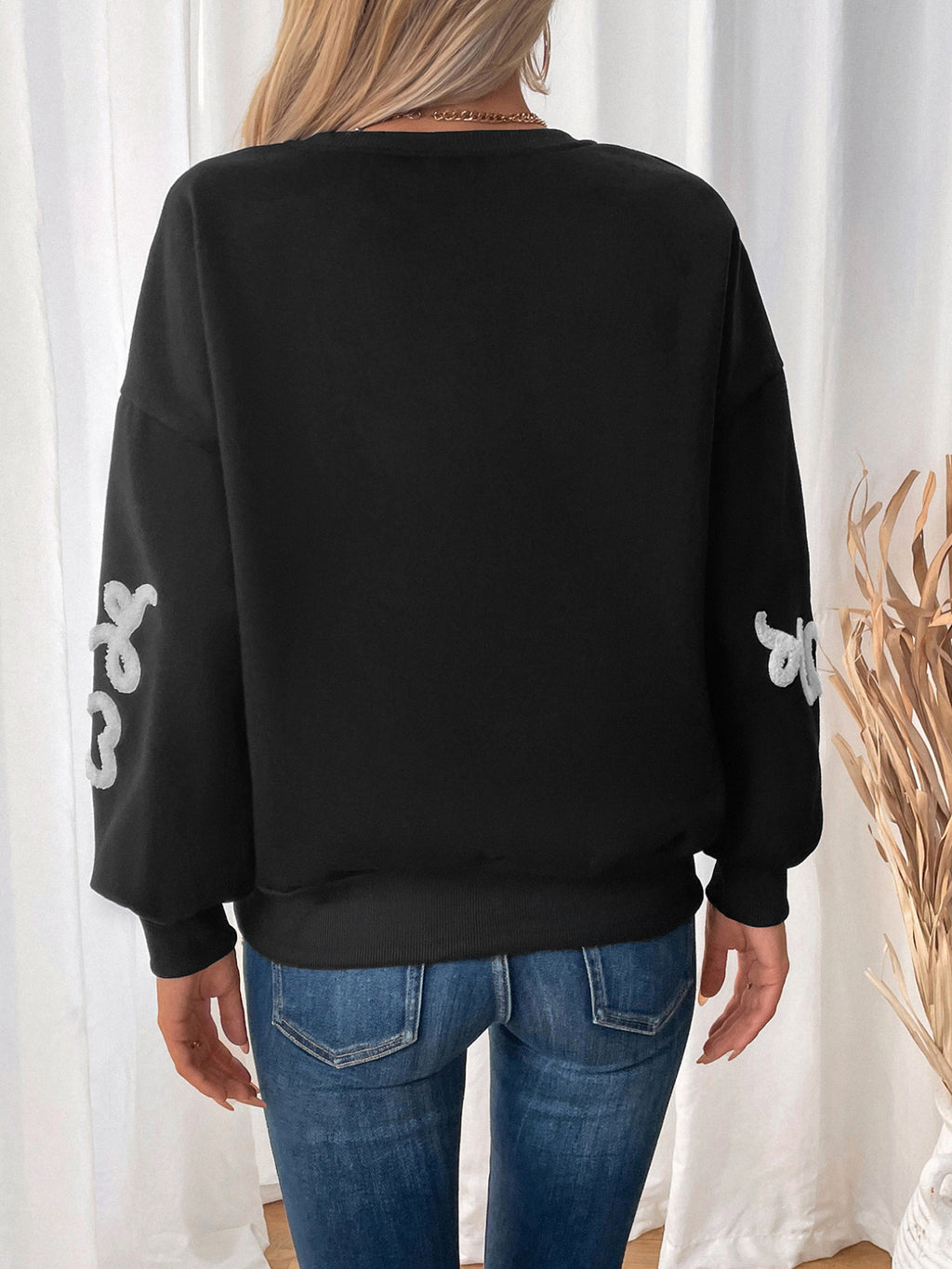 Heart Jacquard Drop Shoulder Sweatshirt - Black - 6