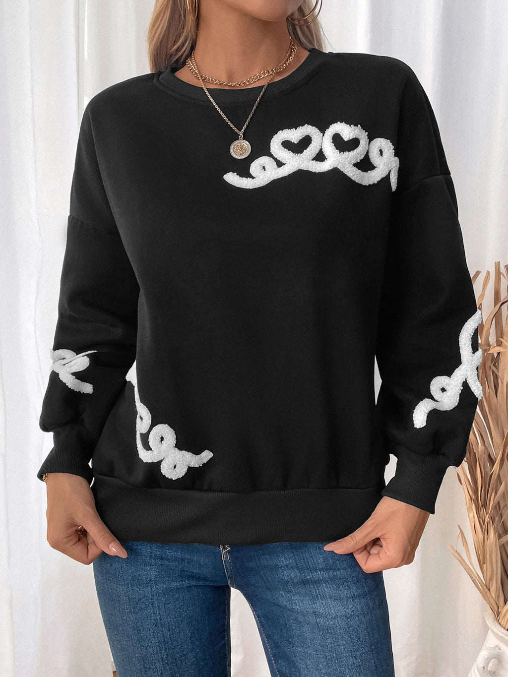 Heart Jacquard Drop Shoulder Sweatshirt - Black - 7