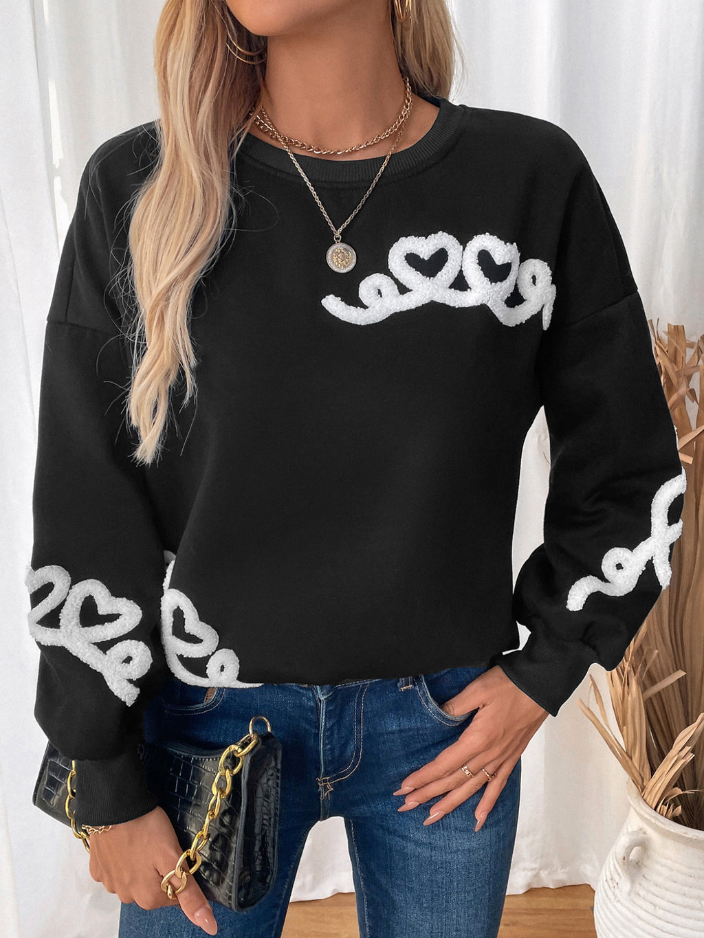 Heart Jacquard Drop Shoulder Sweatshirt - Black - 8