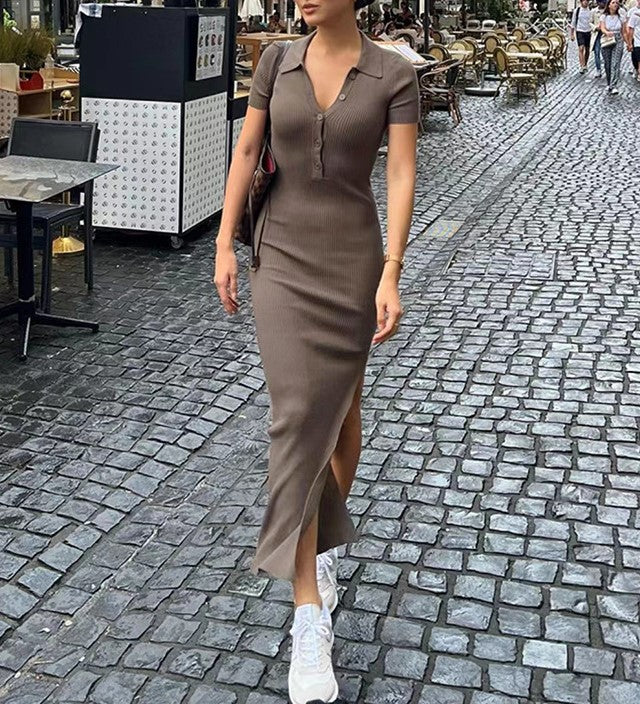 Ribbed Knit Polo Collar Maxi Dress - Coffee