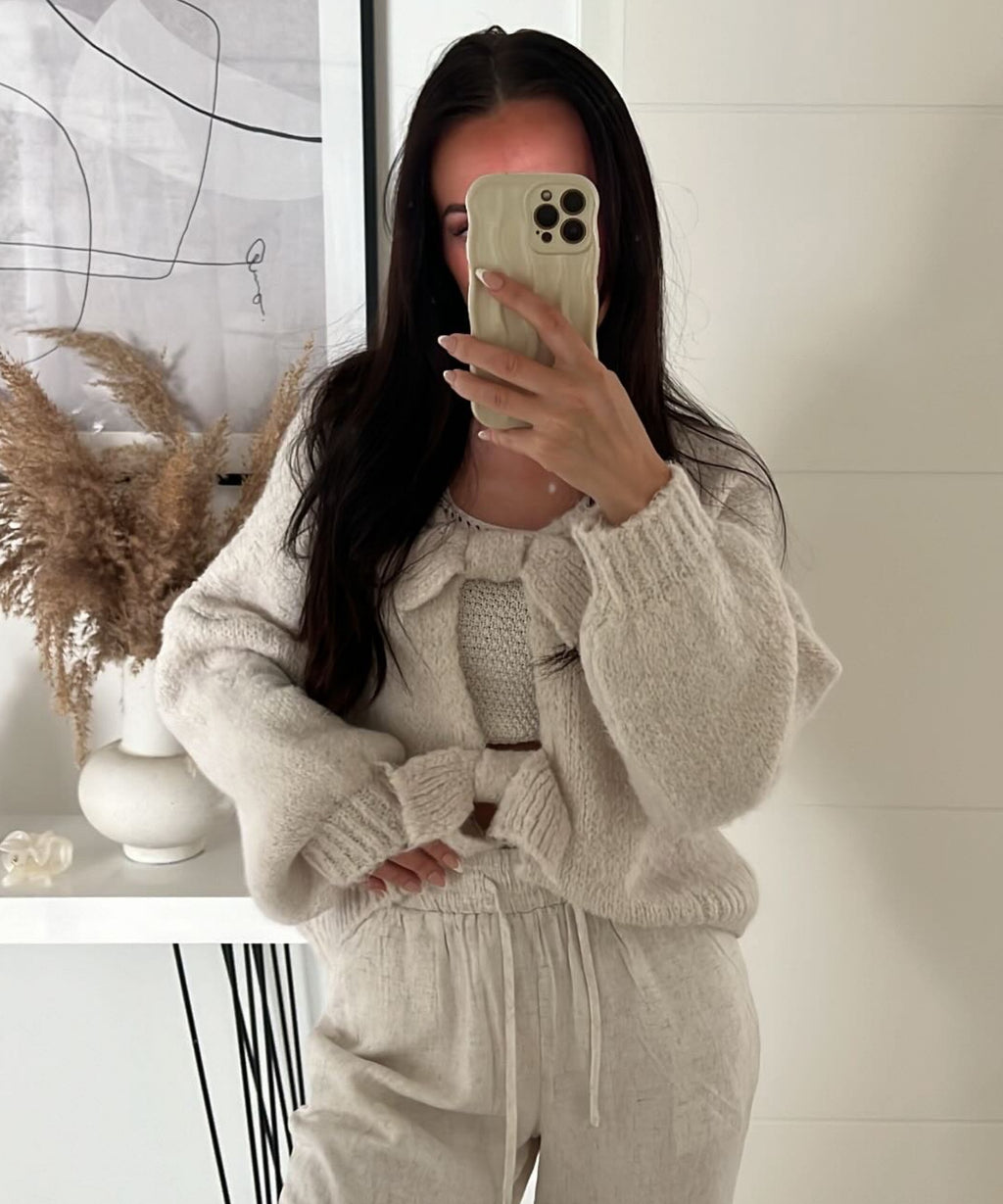 Ribbon Fastened Puff Sleeve Knit Sweater - Offwhite - 1