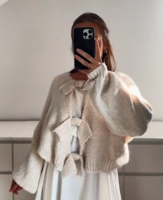 Ribbon Fastened Puff Sleeve Knit Sweater - Offwhite - 2